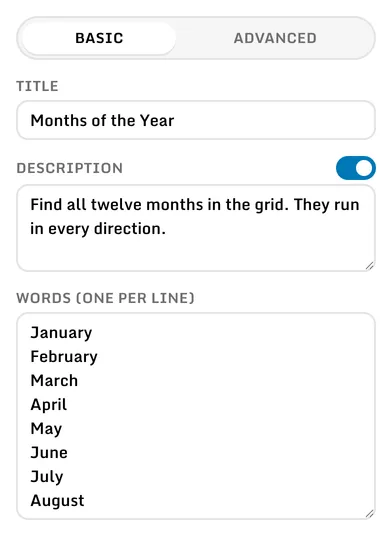 The basic settings, with a title and a description typed in and the first of the months listed below