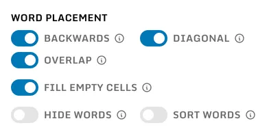 The switches for backwards, diagonal, overlap, and filling the empty cells, all four turned on, with hiding and sorting the words turned off below them