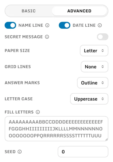 The advanced settings, from the name line down to the seed