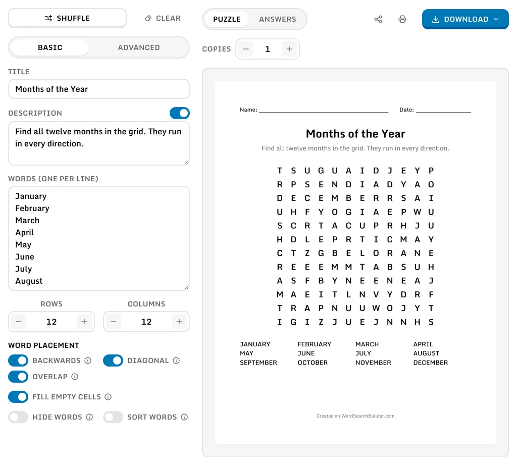 The finished sheet beside the settings, generated from the words listed